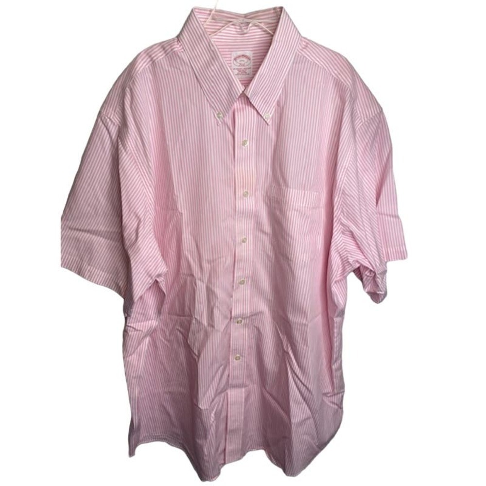 Brooks Brothers 346 Men's Dress Shirt Pink White Striped 17‎ 1/2 Short Sleeve